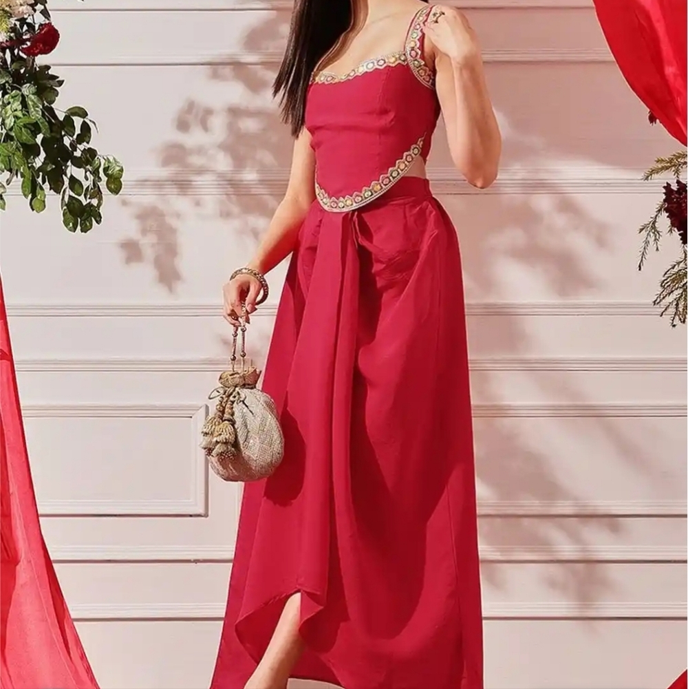 Elegant Red Embellished Co-ord Set - Dhoti Skirt And Top Size Snall Indowestern